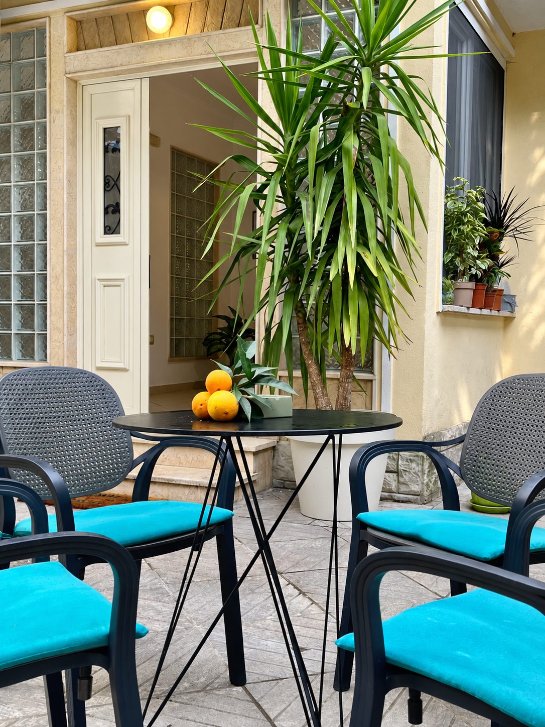 Garden table with fresh oranges in front of the courtyard entrance and a tall yucca